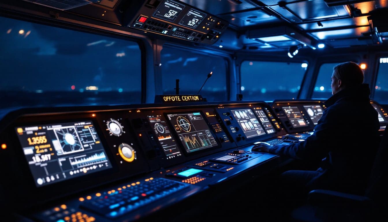 Offshore operations control room with multiple digital monitoring screens displaying real-time data from subsea and topside systems.