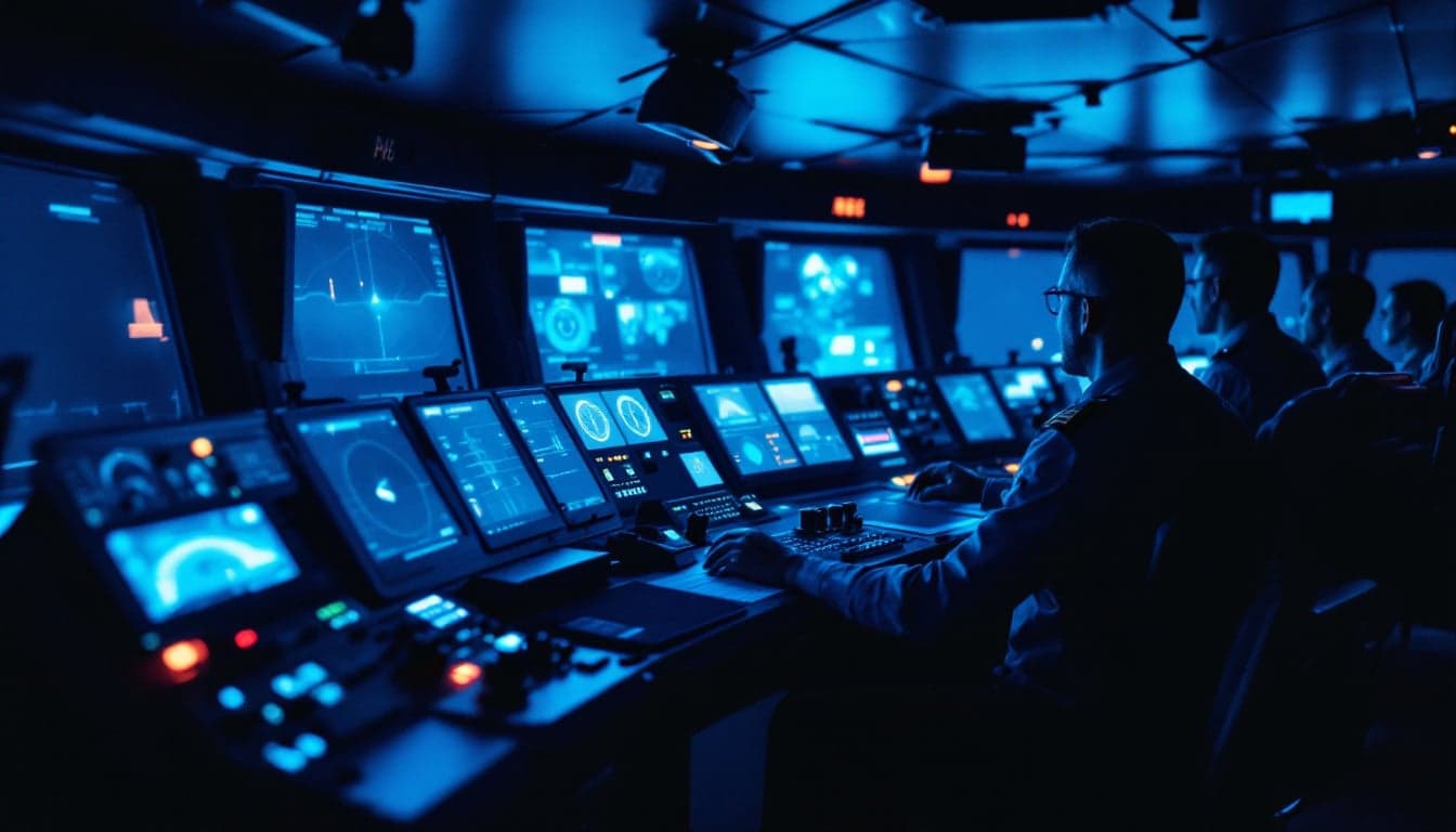 A maritime officer at a vessel bridge console, reviewing navigation data on multiple screens, representing the intersection of human expertise and digital systems in offshore operations.