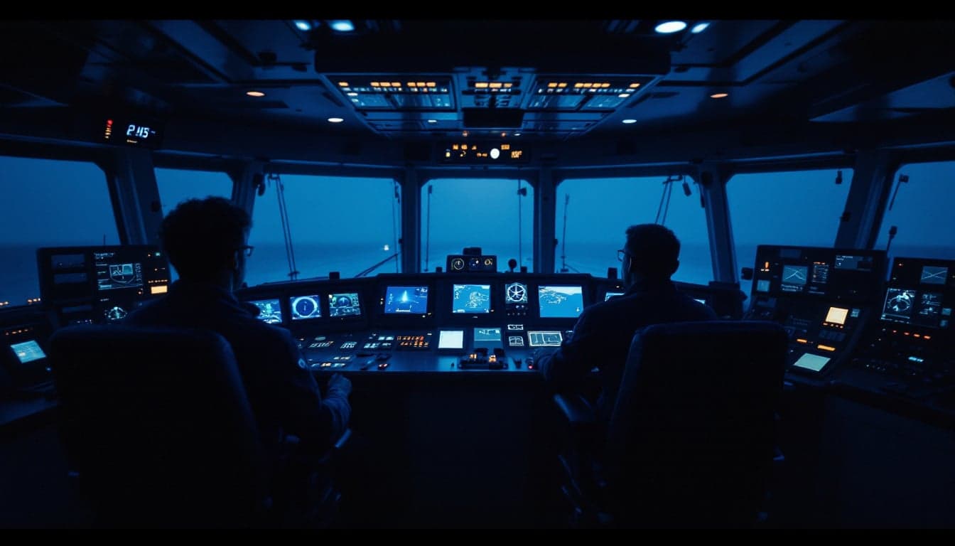 Maritime operations officer reviewing crew certification documents on a digital compliance platform aboard an offshore support vessel.