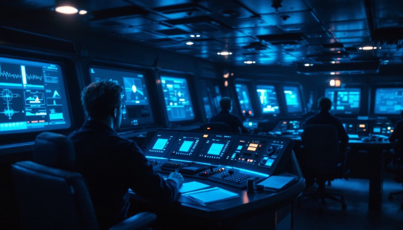 A ship management operations center with multiple monitoring screens displaying vessel performance and emissions data.