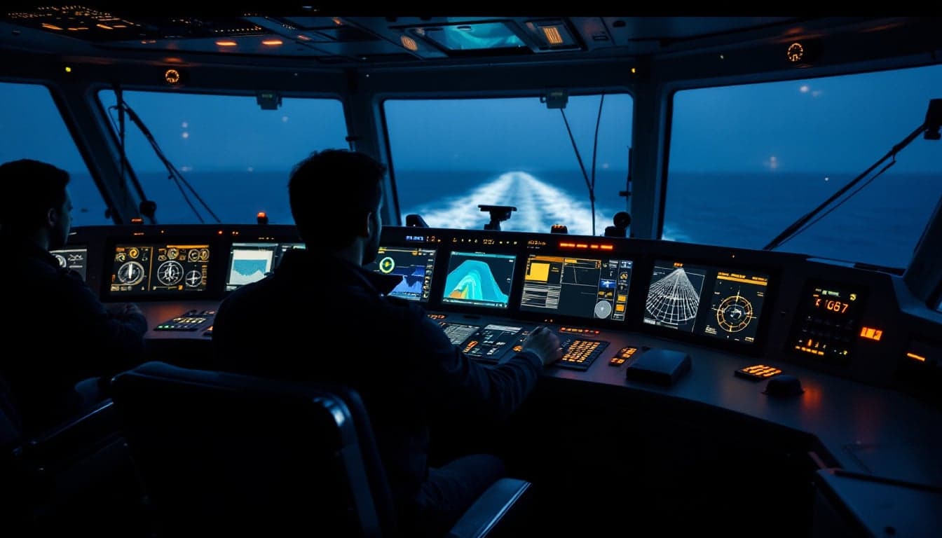 Bridge view of an offshore support vessel with navigation screens displaying sonar and AI-assisted route planning data.