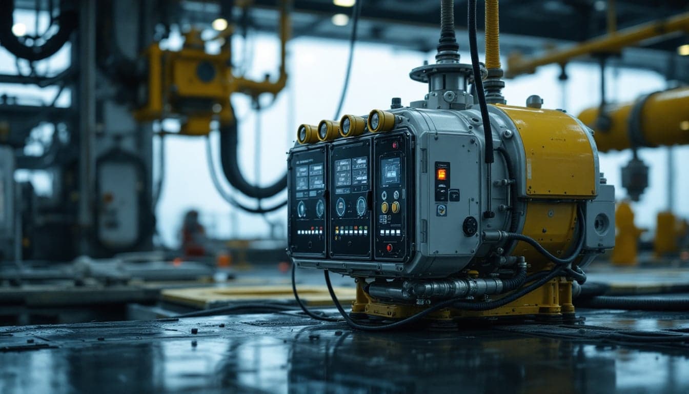 A subsea production tree and control module being lowered to the seabed during a deepwater installation operation, representing all-electric subsea technology deployment.