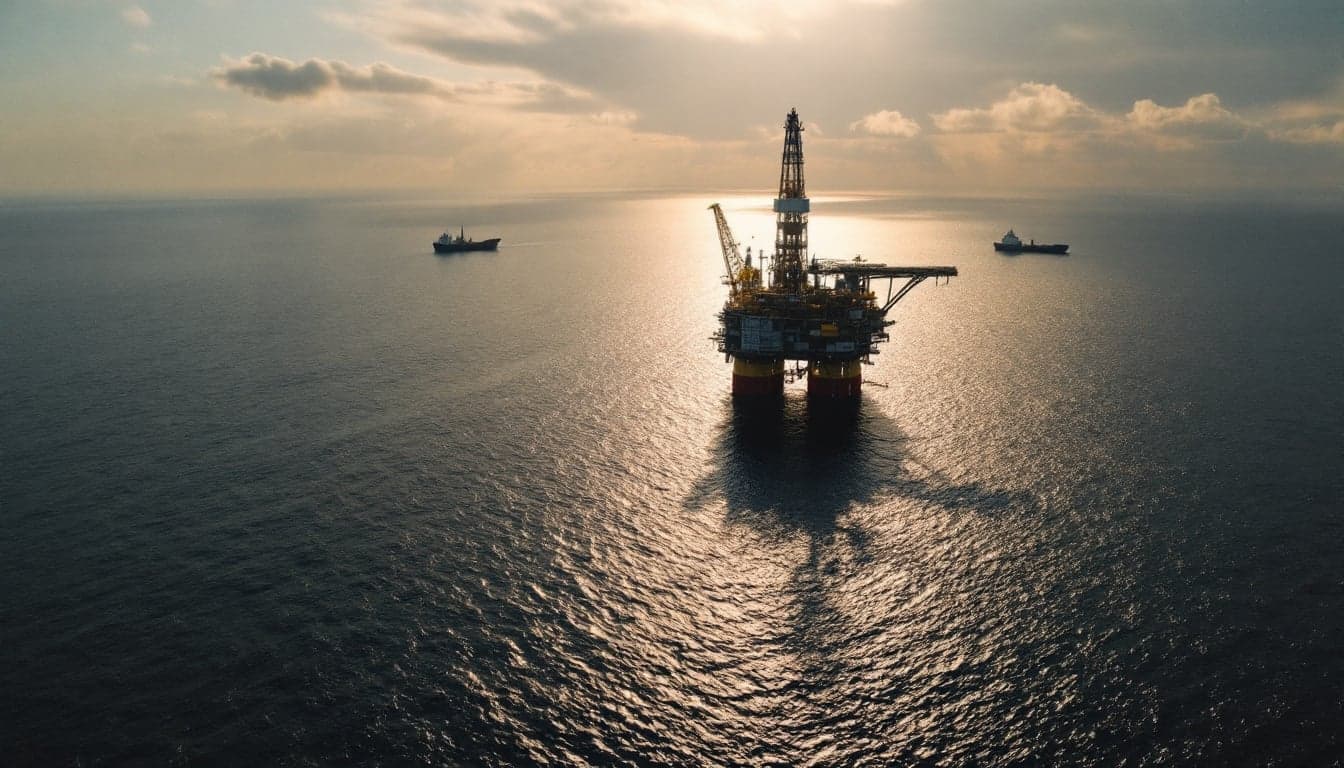 An FPSO vessel operating in deepwater offshore Angola, with subsea umbilicals and risers visible at the stern, under an overcast sky.