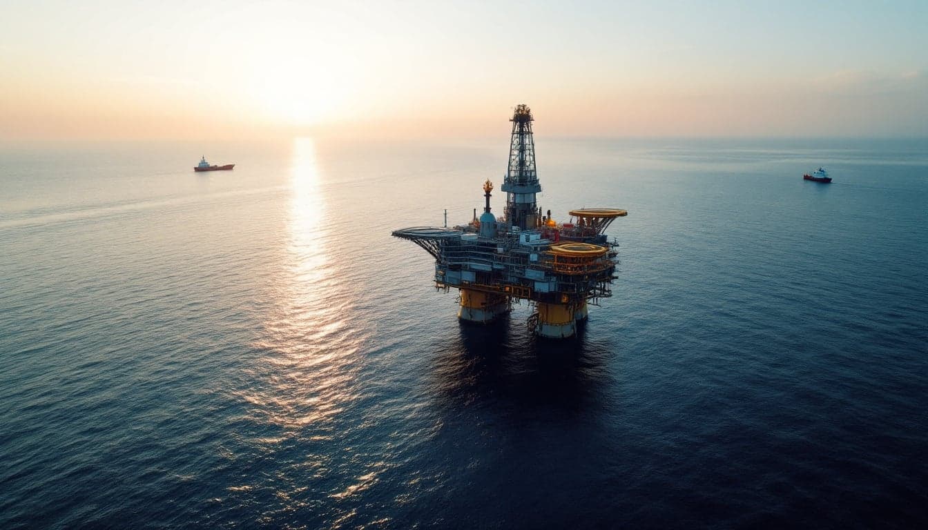 Sonda de perfuração offshore posicionada na Bacia de Campos, representando atividade exploratória no pré-sal brasileiro.