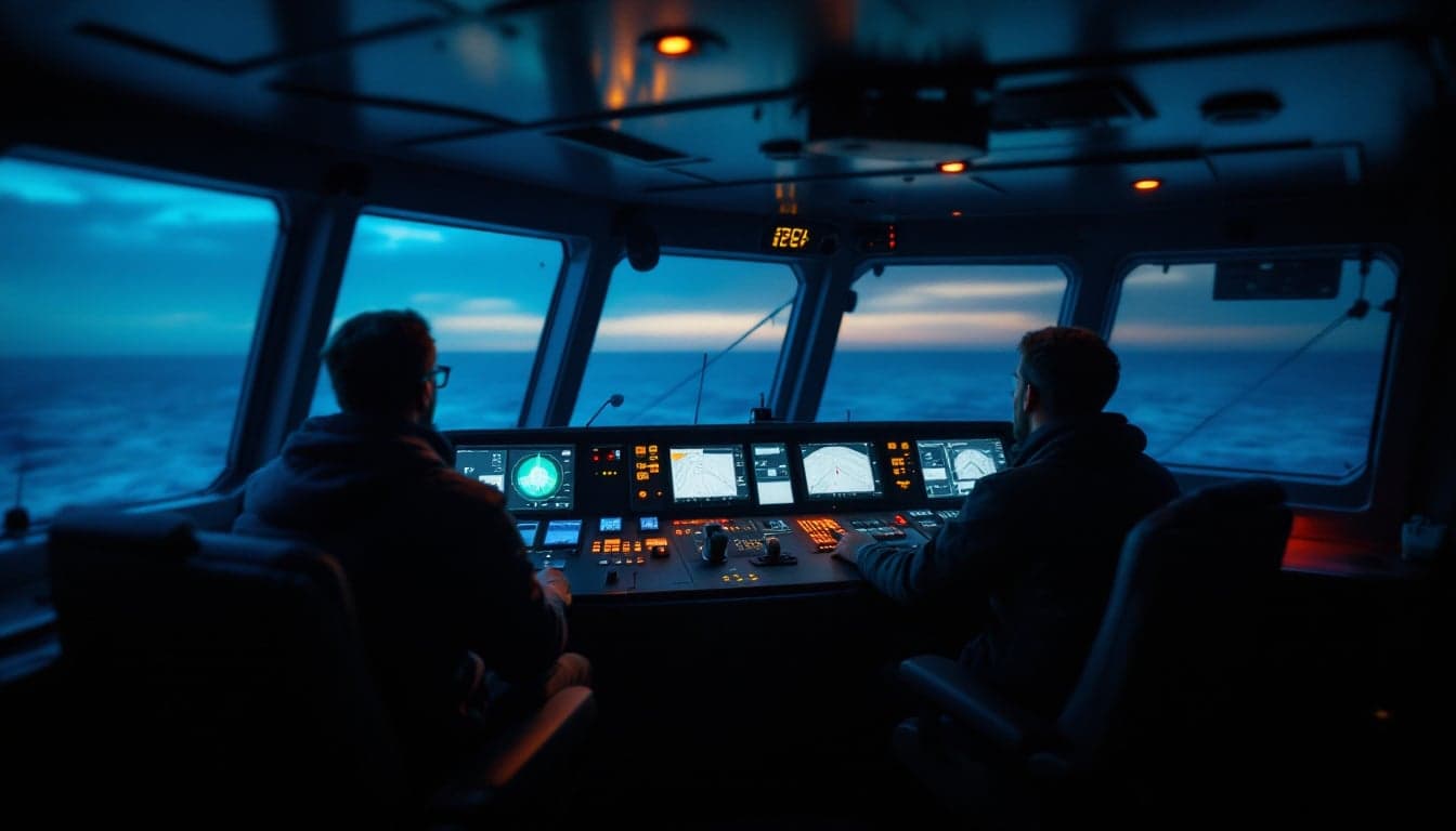 A vessel navigation simulation environment showing autonomous collision-avoidance scenario testing in a controlled model basin facility.