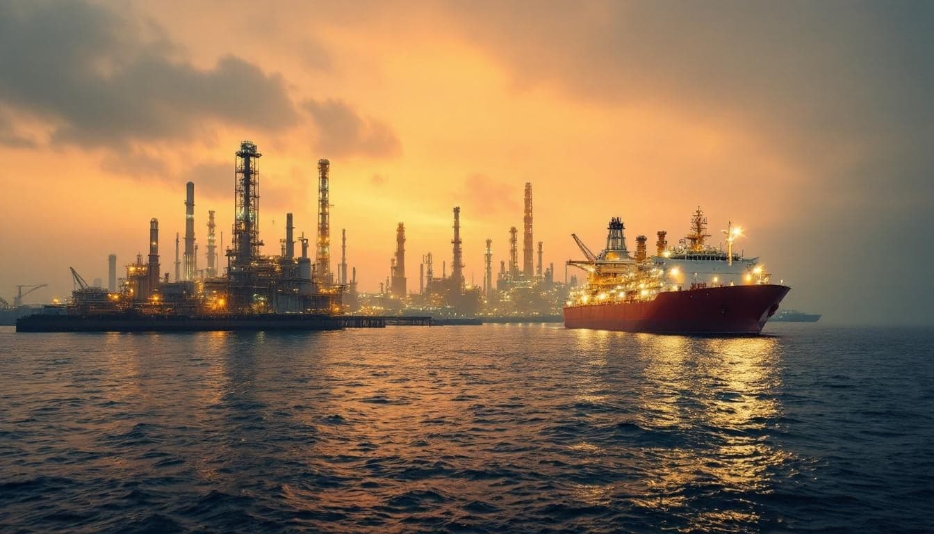 Navio-tanque de petróleo navegando em águas abertas com plataforma offshore ao fundo, representando tensões de oferta no mercado global de petróleo.