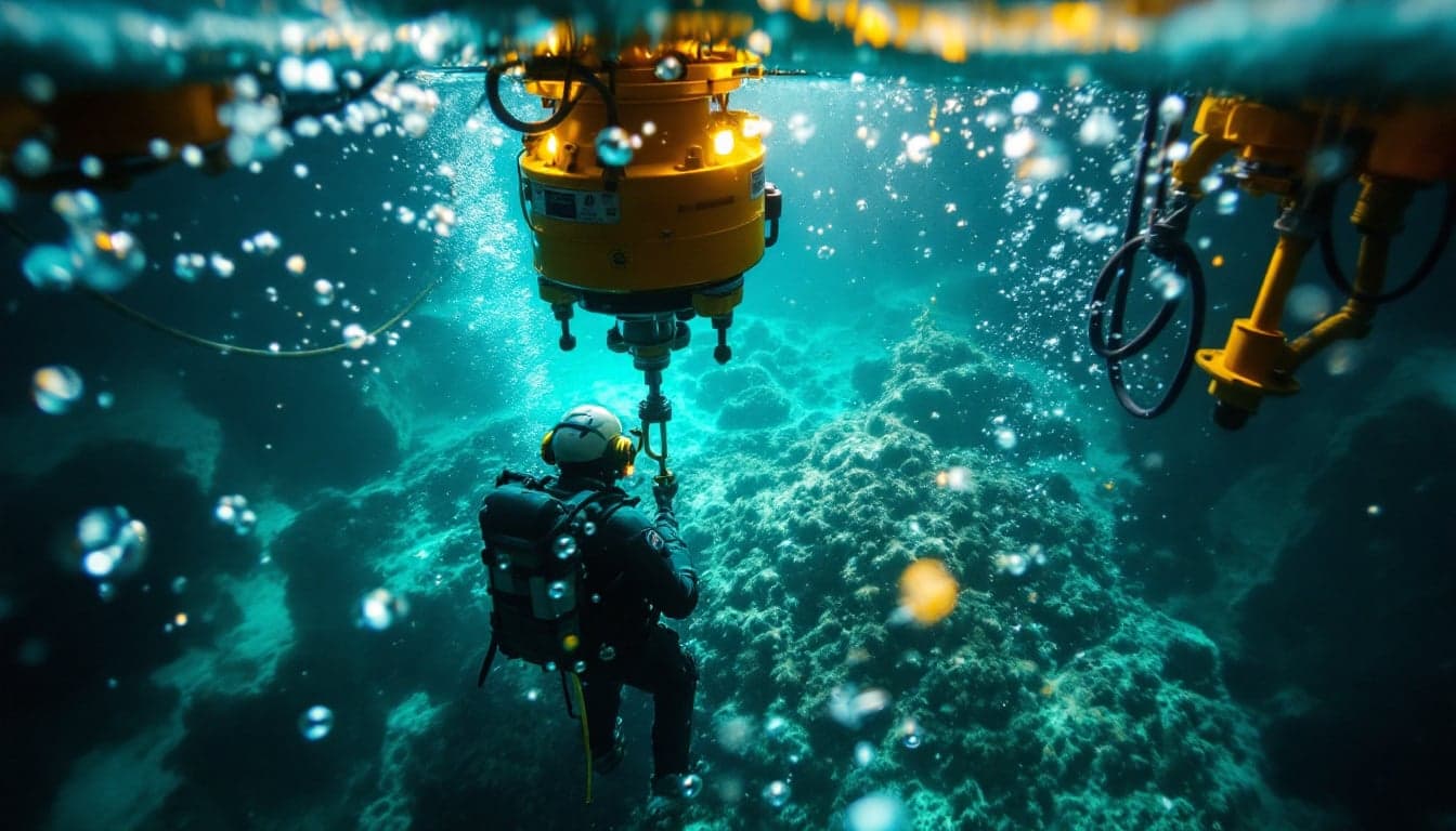 A subsea support vessel operating in open water, with deck equipment and crane visible, representative of the type used in West African offshore IRM contracts.
