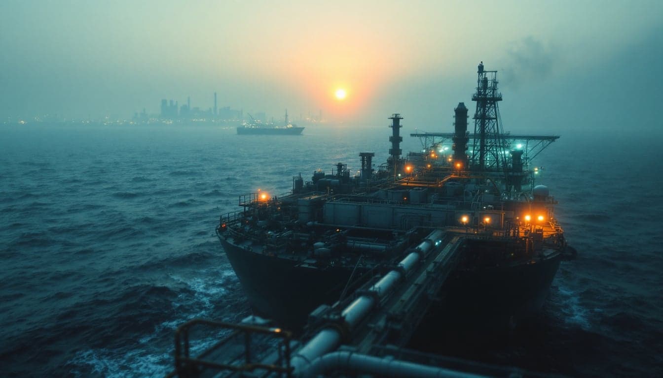 Gráfico de preço do Brent se aproximando de US$ 120 por barril, com FPSO de pré-sal ao fundo em mar aberto.