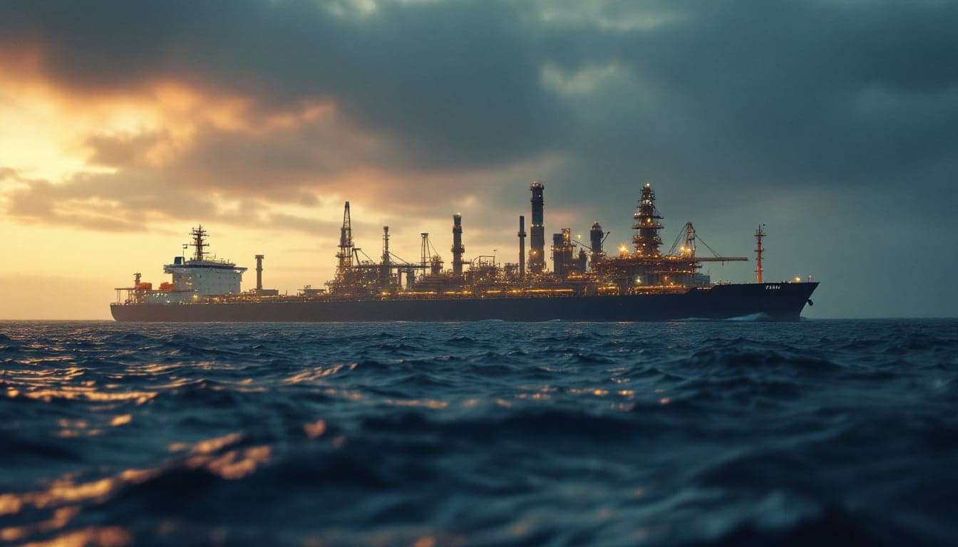 A large oil tanker transiting the English Channel under grey skies, with a naval patrol vessel visible in the background.