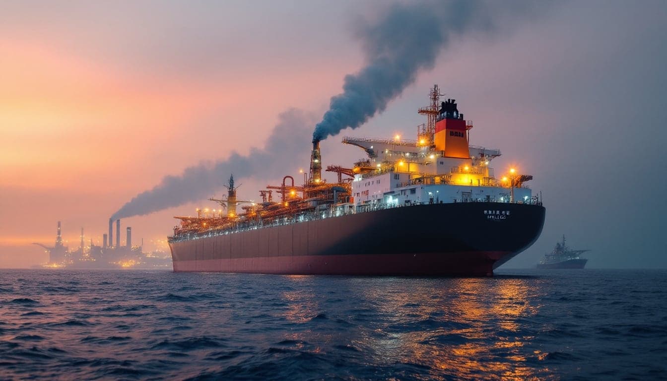 A VLCC tanker at anchor in open water, representing the long-haul crude trade route between Brazilian pre-sal fields and Chinese refineries.