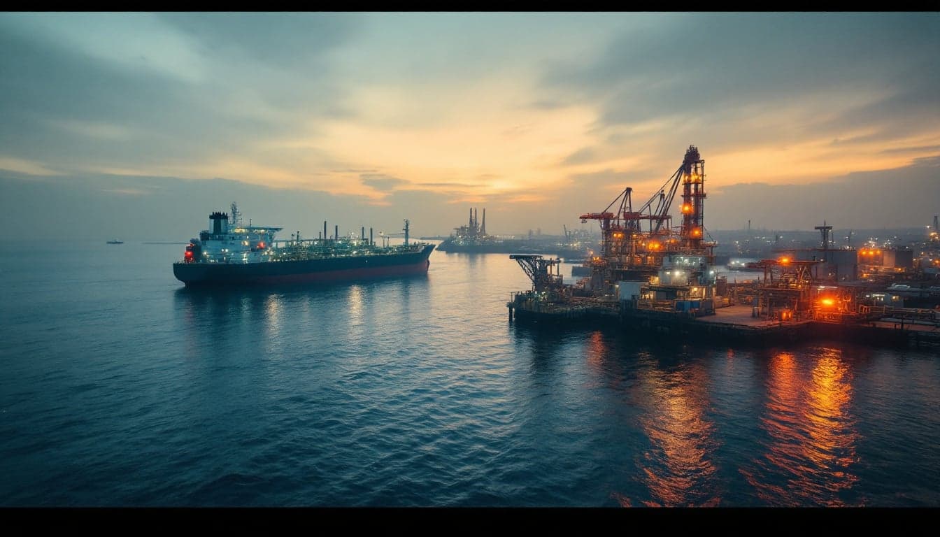 An LNG carrier approaches a regasification terminal, representing the global spot market dynamics discussed in the article.