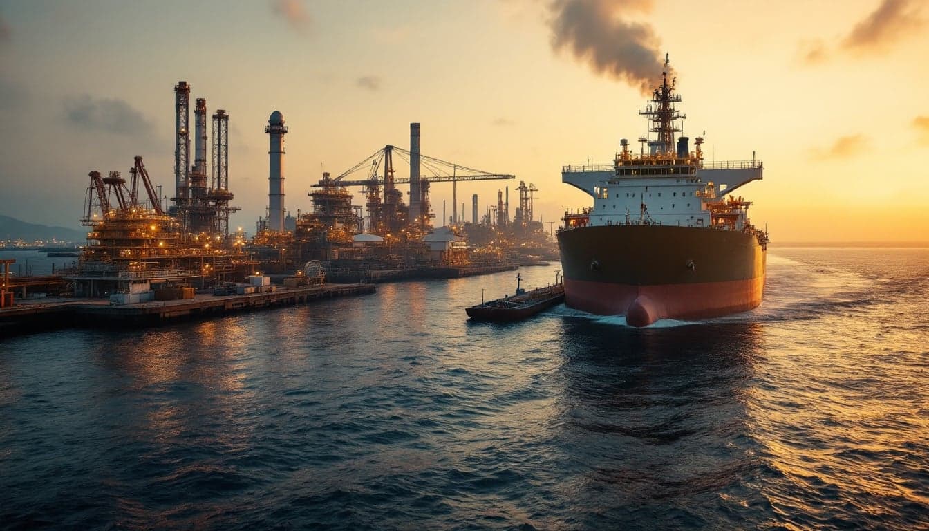 A very large crude carrier (VLCC) loading at an offshore single-point mooring terminal off the Brazilian coast, representing pre-sal crude export activity.