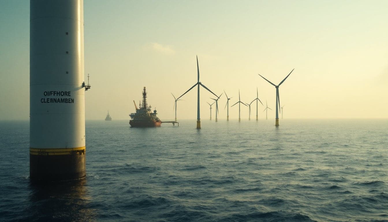 A floating offshore wind turbine platform operating in open water, with visible mooring lines and a calm sea surface under partly cloudy skies.