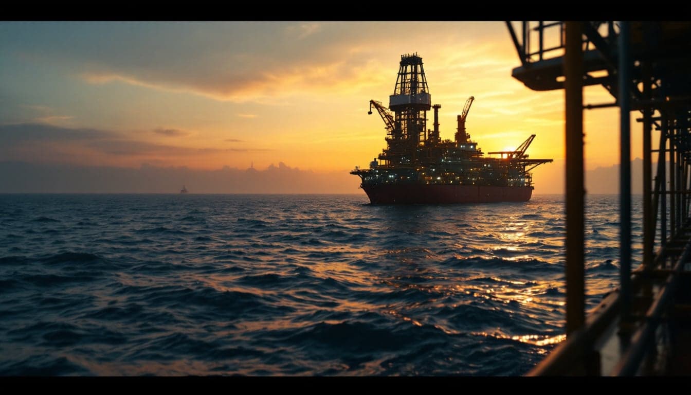 An offshore drilling vessel operating in deepwater conditions, representative of the oilfield services activity that could shift toward Brazil's pre-sal basin amid geopolitical-driven capital reallocation.