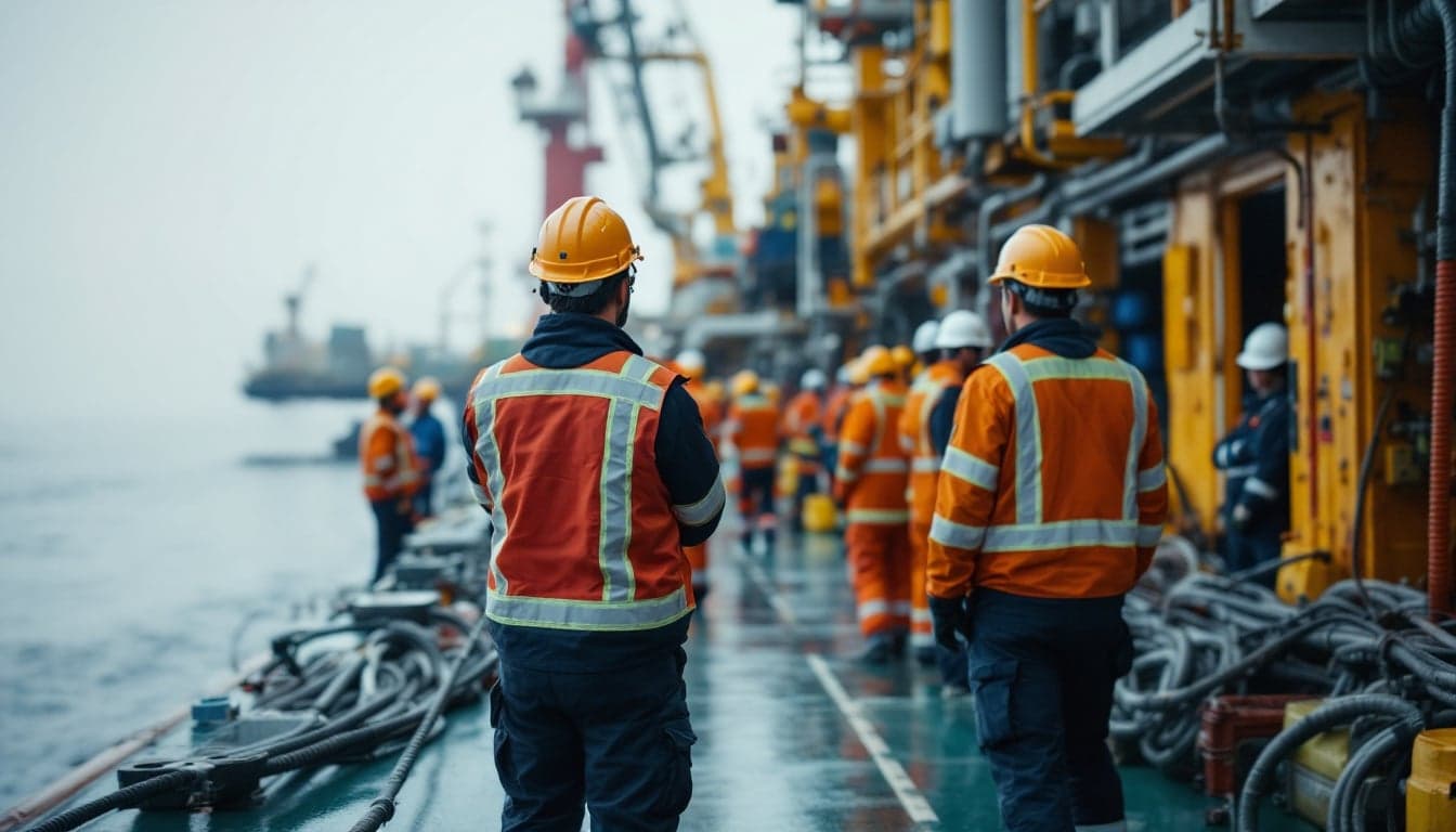 Trabalhadores offshore em equipamentos de proteção individual durante briefing de segurança a bordo de uma plataforma de petróleo.