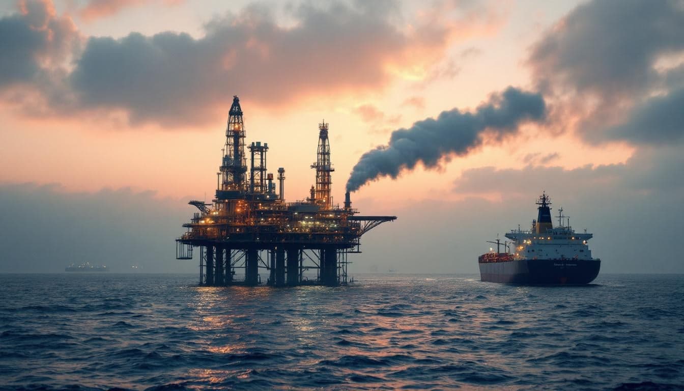 An FPSO vessel operating in the Santos Basin pre-salt area, with the Brazilian coastline visible in the background, representing the intersection of global crude price movements and domestic deepwater production.