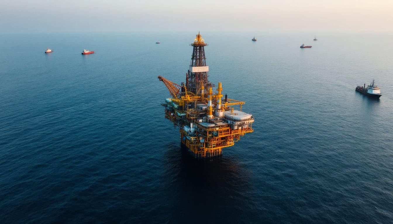 An offshore drilling rig operating in deep blue Mediterranean waters, representing exploration activity in Block 10 offshore Cyprus.