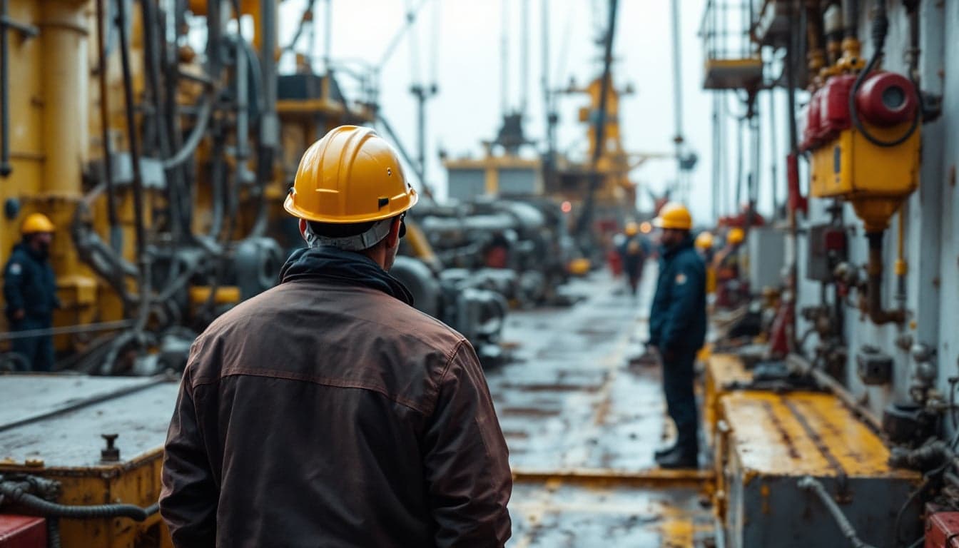 Offshore crew members in PPE reviewing documentation on a digital tablet aboard a vessel, representing digital transformation in maritime workforce management.