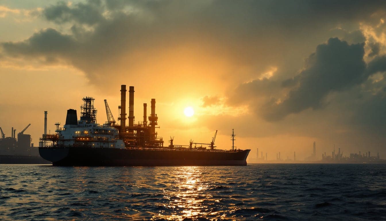 A laden crude oil tanker transiting a narrow shipping lane with refinery infrastructure visible on the horizon, illustrating geopolitical risk to global energy flows.