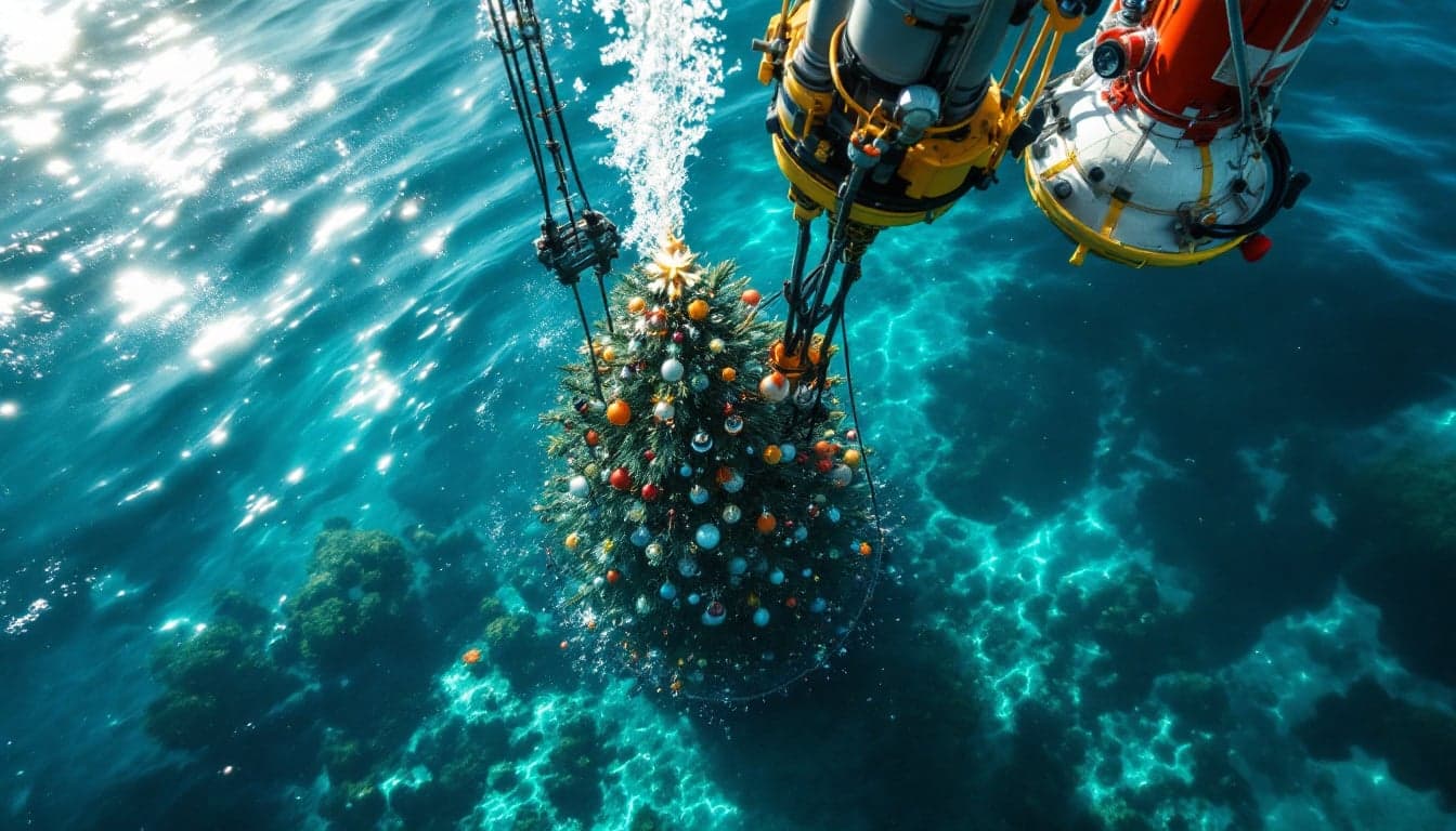 An offshore support vessel conducting subsea decommissioning operations, with crane and ROV deployment equipment visible on deck against a grey North Sea sky.