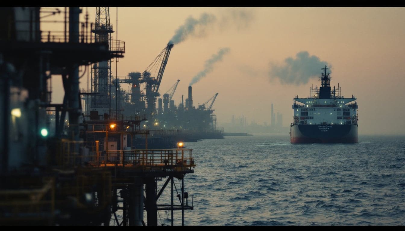 Vista aérea de um terminal de exportação de petróleo com tanques de armazenamento e píer de carregamento de navios-tanque, representando a infraestrutura de escoamento de cru no Mar Negro.