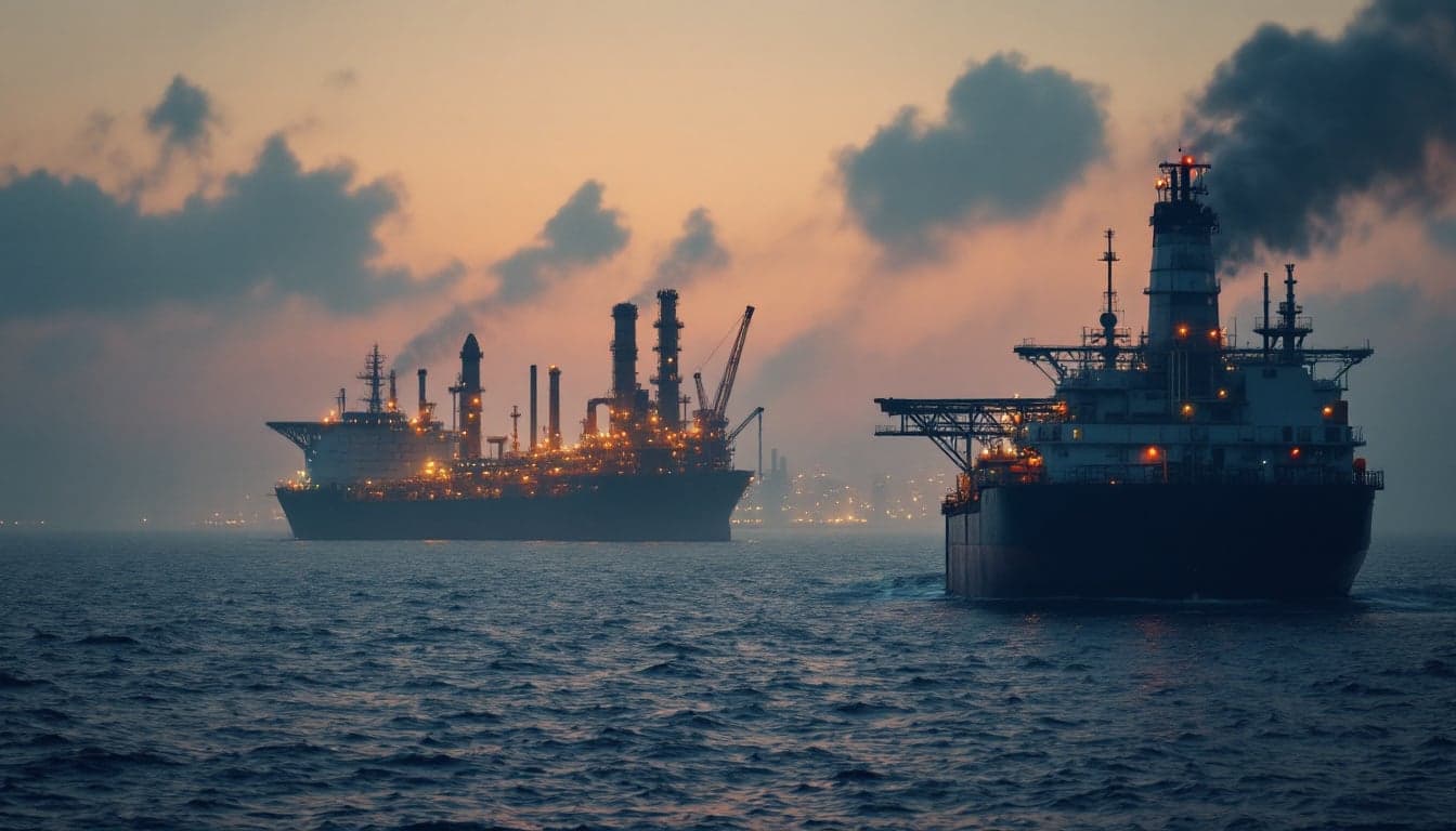Plataforma offshore no pré-sal brasileiro ao entardecer, com mapa climático do El Niño ao fundo, ilustrando a convergência entre riscos climáticos e energéticos.