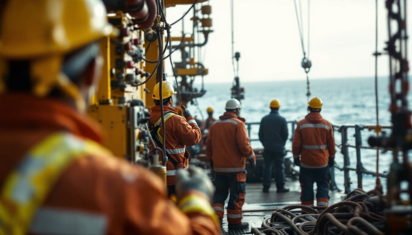 Trabalhadores em equipamentos de proteção individual em instalação industrial do setor de óleo e gás no Brasil.