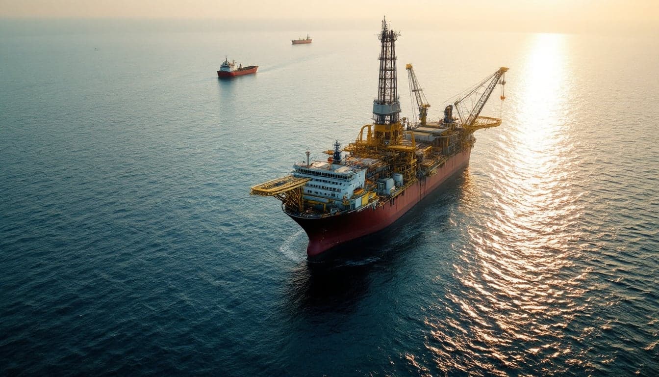 An offshore exploration vessel conducting seismic survey operations along the West African Atlantic margin, with calm seas and overcast skies.