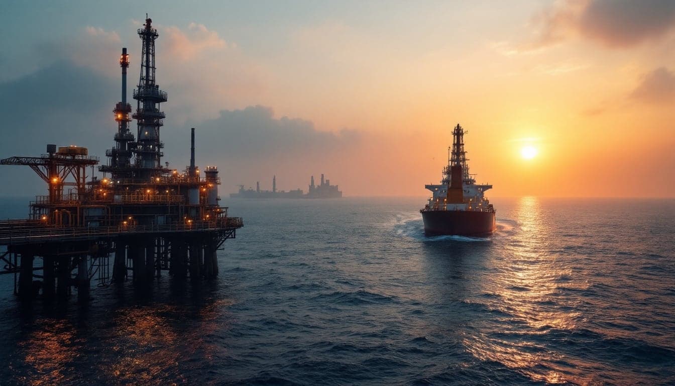 Vista aérea de navios-tanque navegando pelo Estreito de Ormuz, com plataformas offshore ao fundo, ilustrando o risco logístico para o mercado global de petróleo.