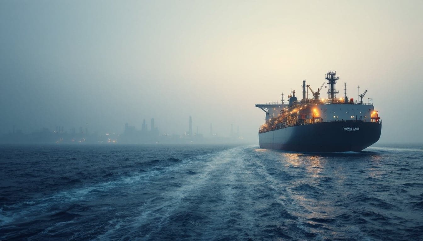 An Arc7 icebreaking LNG carrier navigating Arctic waters, representing the specialised Yamal fleet at the centre of the EU sanctions dispute.