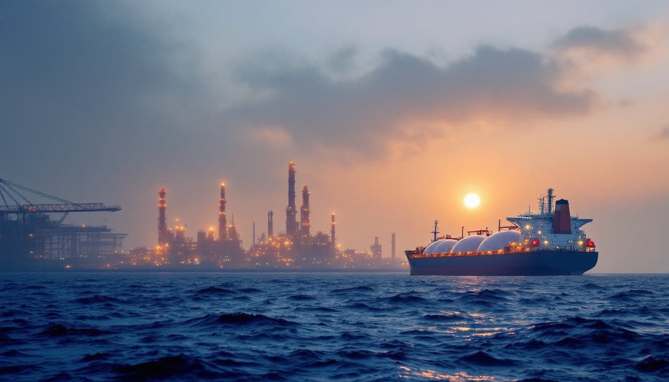An LNG carrier at a European regasification terminal, with loading arms connected and vapor visible at the bow.