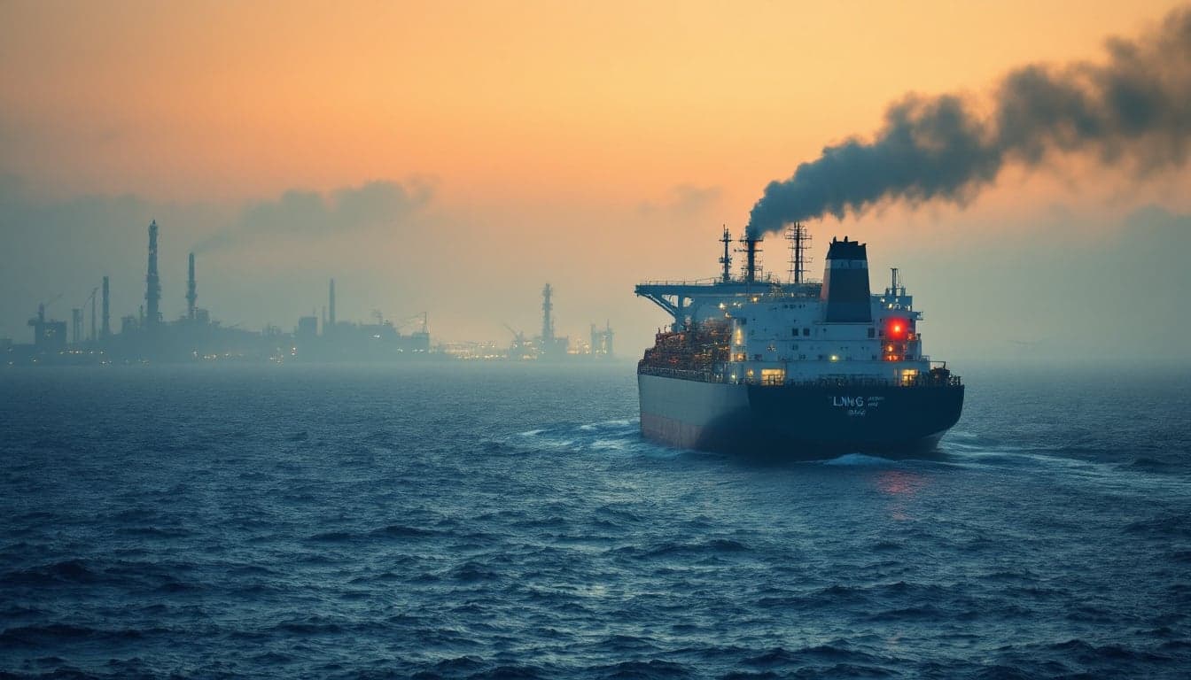 An FPSO vessel loading crude oil in the South Atlantic, with the Brazilian coastline visible in the background, representing Brazil's role in global energy export flows.