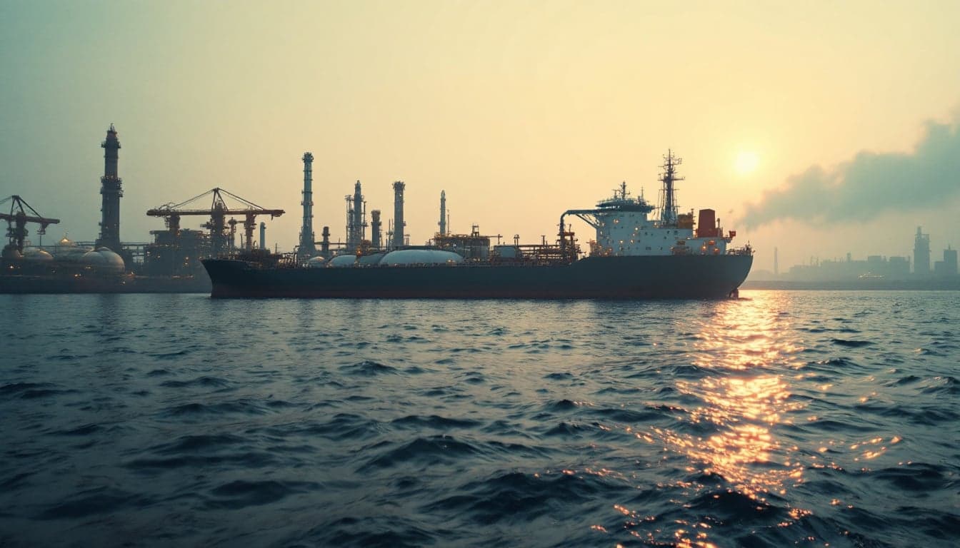 An LNG carrier navigating icy Arctic waters near a gas liquefaction terminal, representing the Yamal LNG trade routes affected by EU operator restrictions.