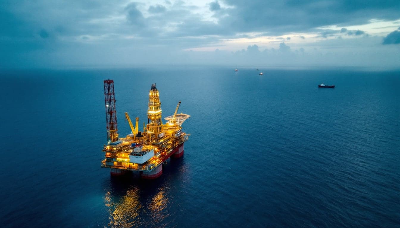 A deepwater drillship positioned in the Atlantic Ocean, representing exploration drilling operations in the Stabroek block offshore Guyana.