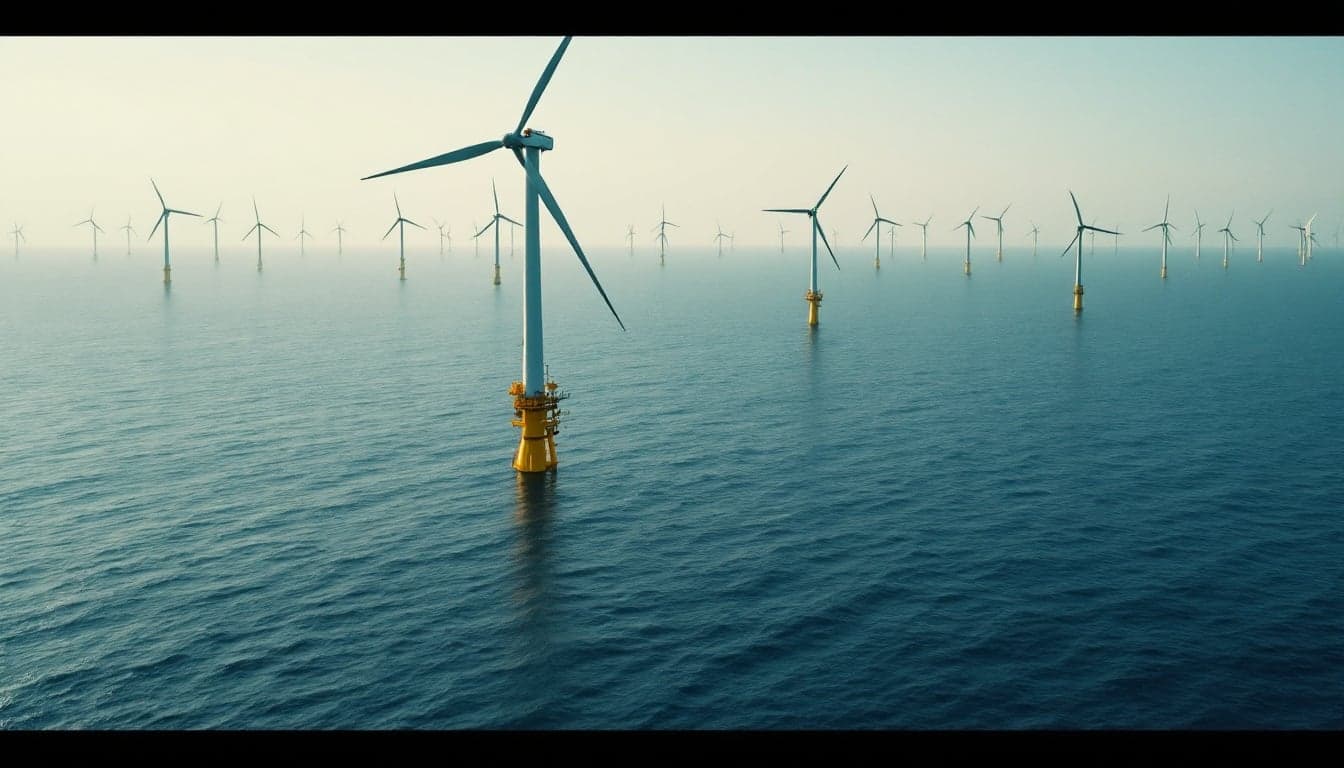 Offshore wind turbines arranged in a grid pattern on open sea, viewed from an installation vessel deck, with overcast skies typical of Atlantic conditions.