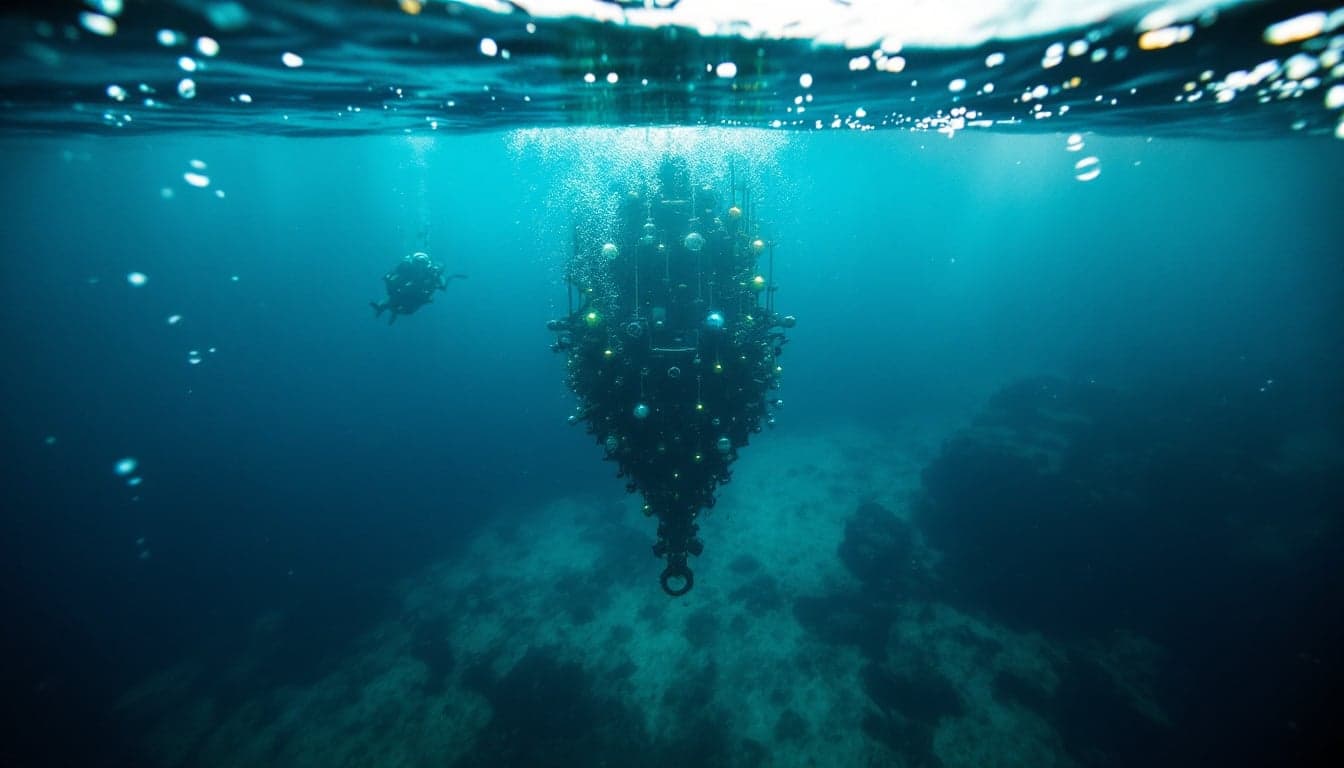 An ROV being deployed from a deepwater drillship during drill-support operations, with the vessel's moonpool and riser visible in the background.