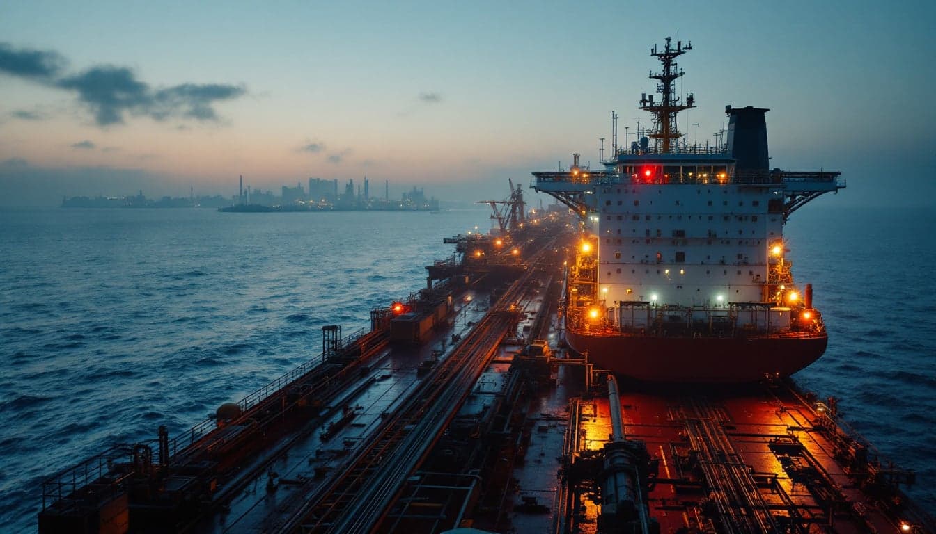 Two very large crude carriers conducting a ship-to-ship oil transfer in open water, with a support vessel alongside.
