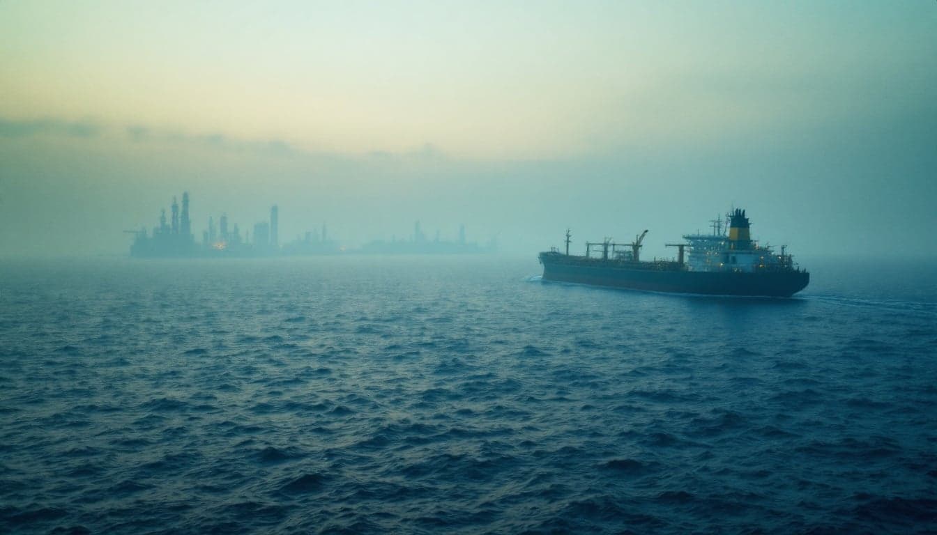 Multiple tankers anchored near a major strait, representing vessel traffic and freight logistics in a key global crude shipping corridor.