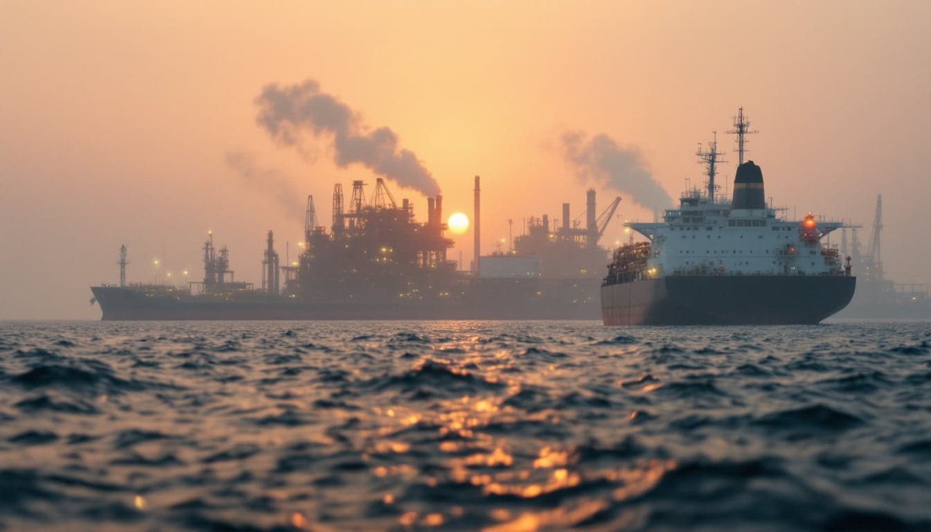 An oil tanker transiting a narrow maritime strait, representing crude export flows through the Strait of Hormuz amid ongoing security uncertainty.