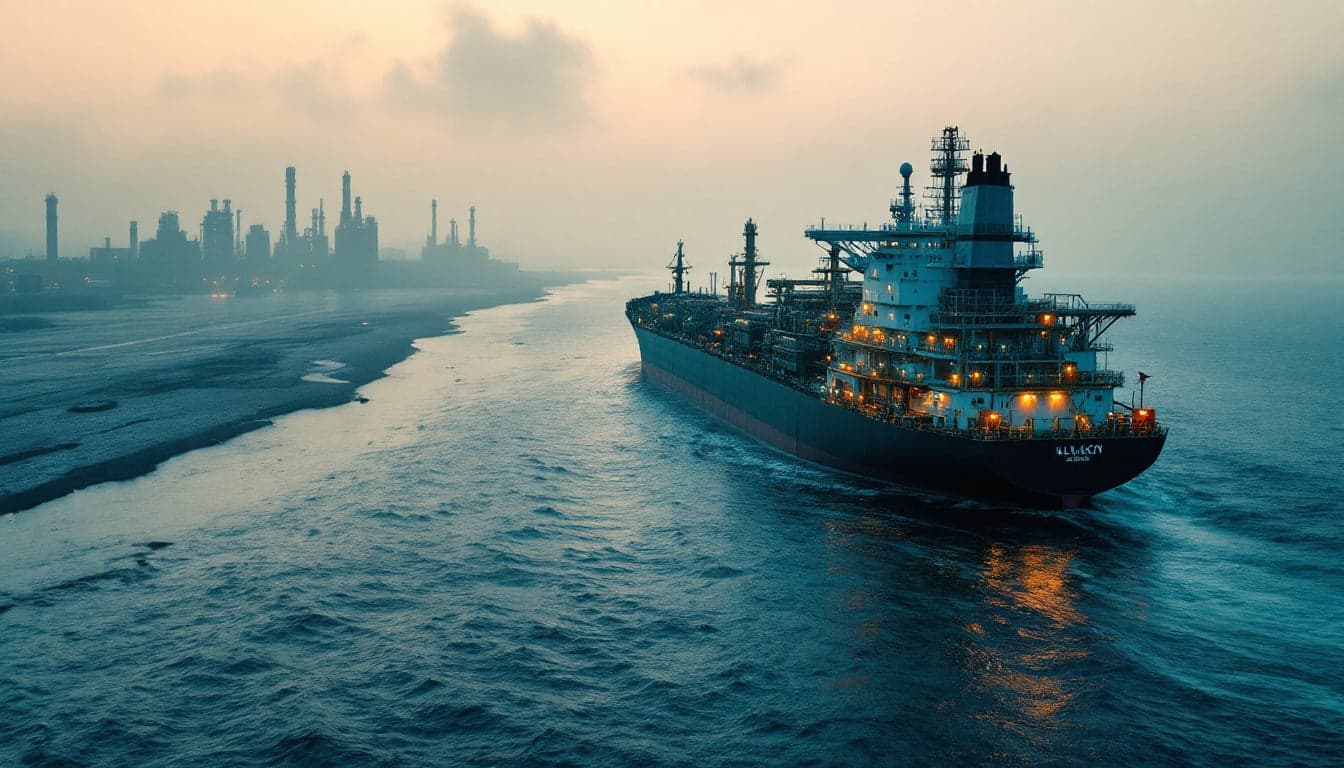 A line of laden crude oil tankers transiting a narrow maritime chokepoint under hazy skies, representing constrained passage through the Strait of Hormuz.
