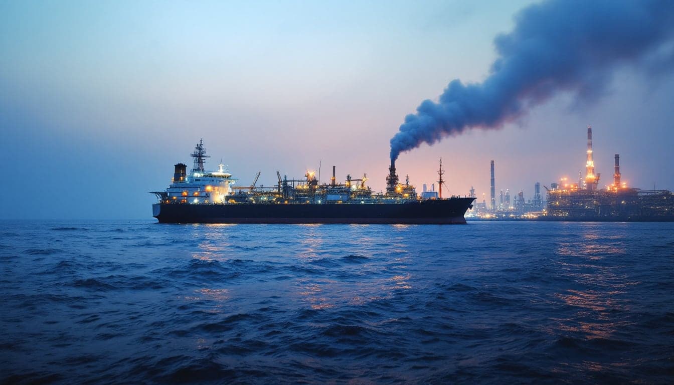 A tanker vessel transiting a narrow shipping channel with naval vessels visible in the background, representing commercial traffic through the Strait of Hormuz.