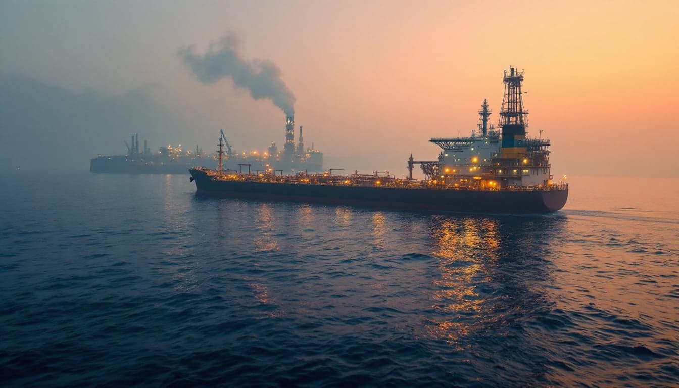A laden crude oil tanker transiting a narrow maritime strait with escort vessels visible on the horizon.