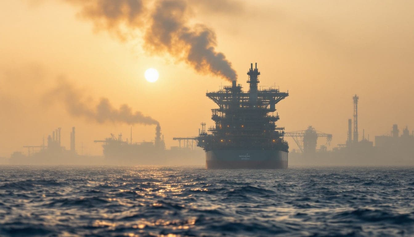 A laden VLCC tanker transiting a narrow shipping channel, representing crude oil flows through the Strait of Hormuz.