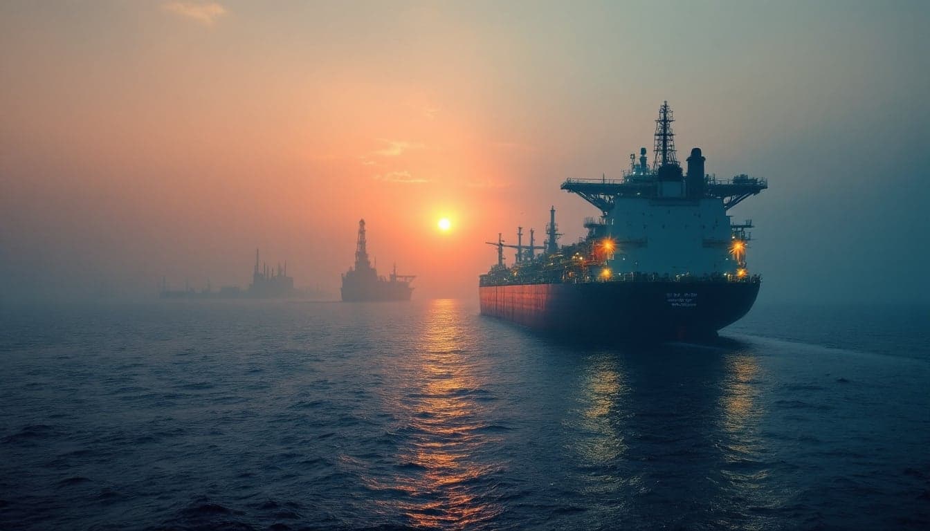 A very large crude carrier transiting a narrow maritime strait at dusk, with refinery infrastructure visible on the shoreline.