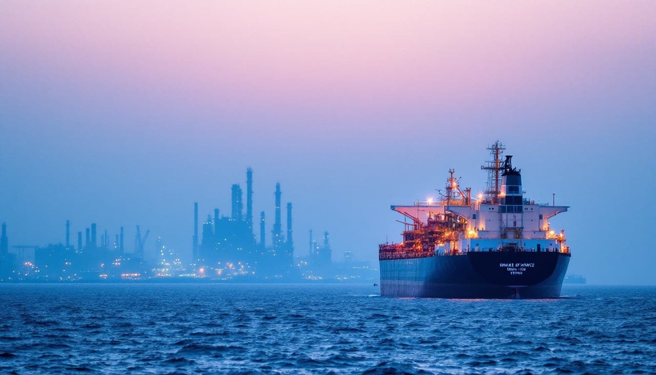 A laden crude oil tanker transiting a narrow shipping channel, representing the Hormuz route at the center of the supply disruption story.