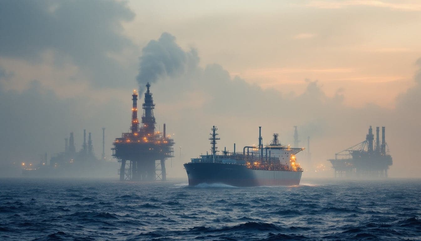 A laden VLCC tanker transiting a narrow shipping lane representing the Strait of Hormuz, with a hazy horizon and calm seas.
