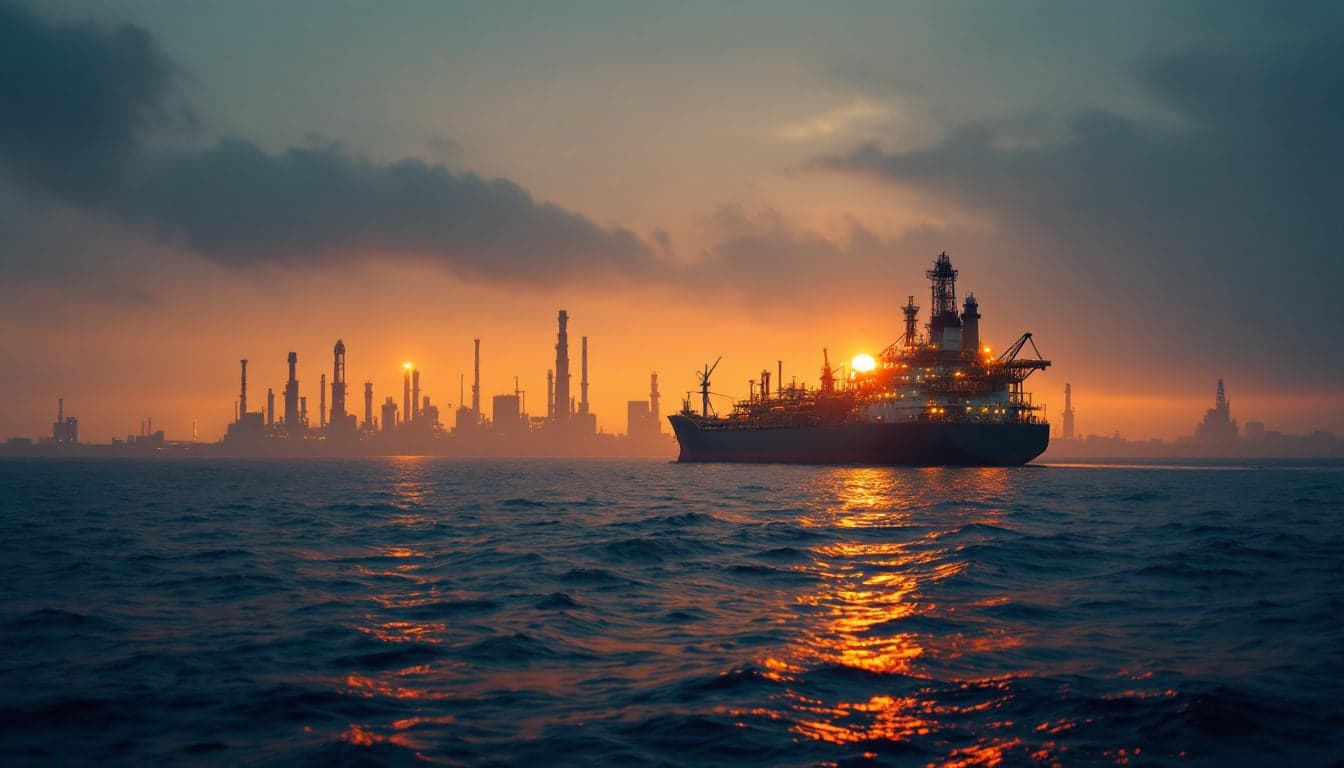 Aerial view of tanker vessels navigating a narrow maritime strait, illustrating the congestion and strategic importance of the Strait of Hormuz to global energy flows.