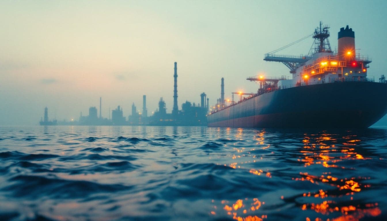 A laden tanker transiting a narrow maritime chokepoint under overcast skies, representing commercial shipping risk in the Strait of Hormuz region.