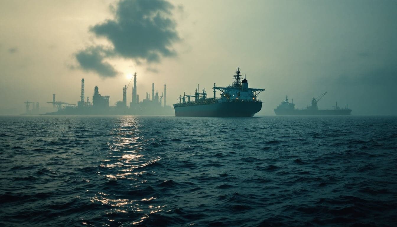 Aerial view of tanker vessels transiting a narrow maritime strait, illustrating the resumption of shipping traffic through the Strait of Hormuz.