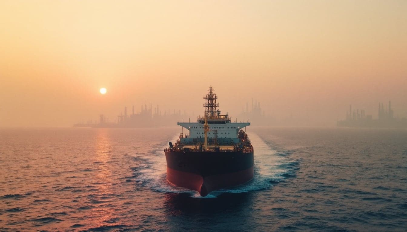Aerial view of a laden crude oil tanker transiting a narrow maritime chokepoint with naval vessels visible in the background.